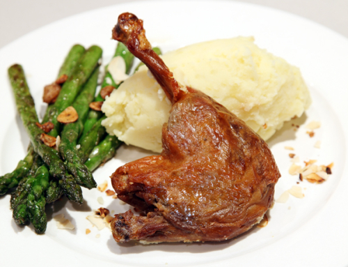 Ezy Duck Confit with Asparagus Spears, Rosemary Sweet Potato Mash & Plum Sauce